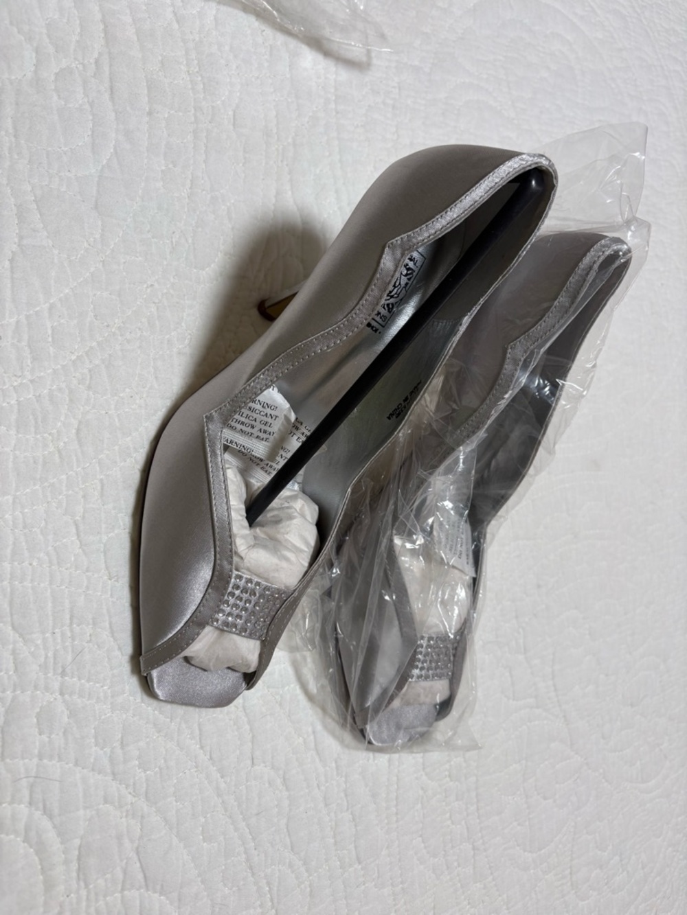 Silver Satin Peep-Toe Heels with Crystal Detail - Women